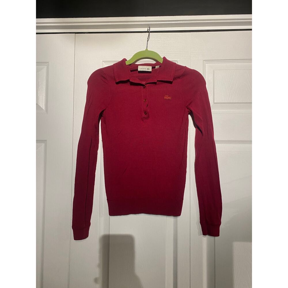 Lacoste Merino Wool Polo Sweater Size S Fine Knit Luxury Red - Picture 2 of 16